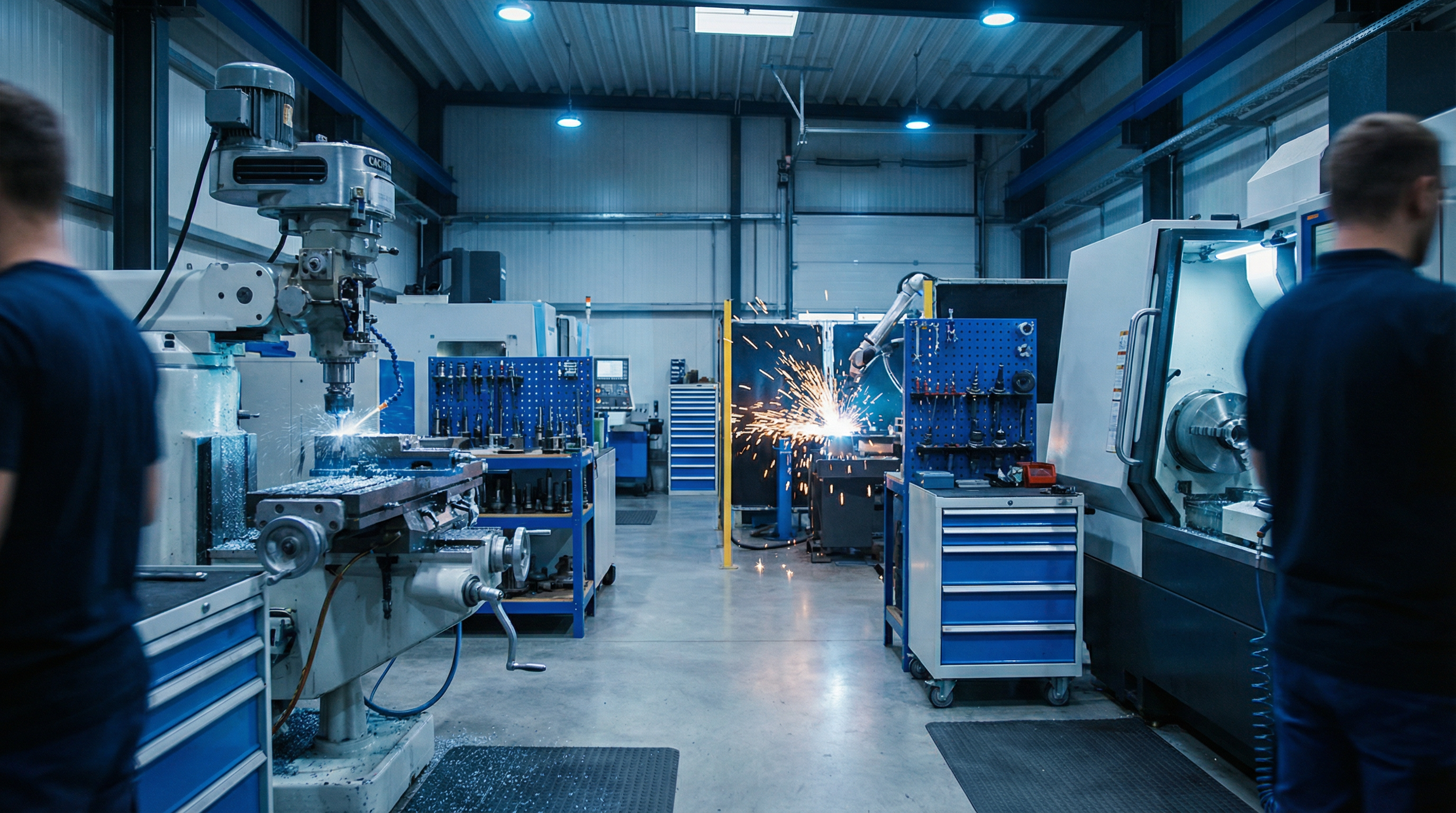 Chão de fábrica industrial com máquinas CNC e solda